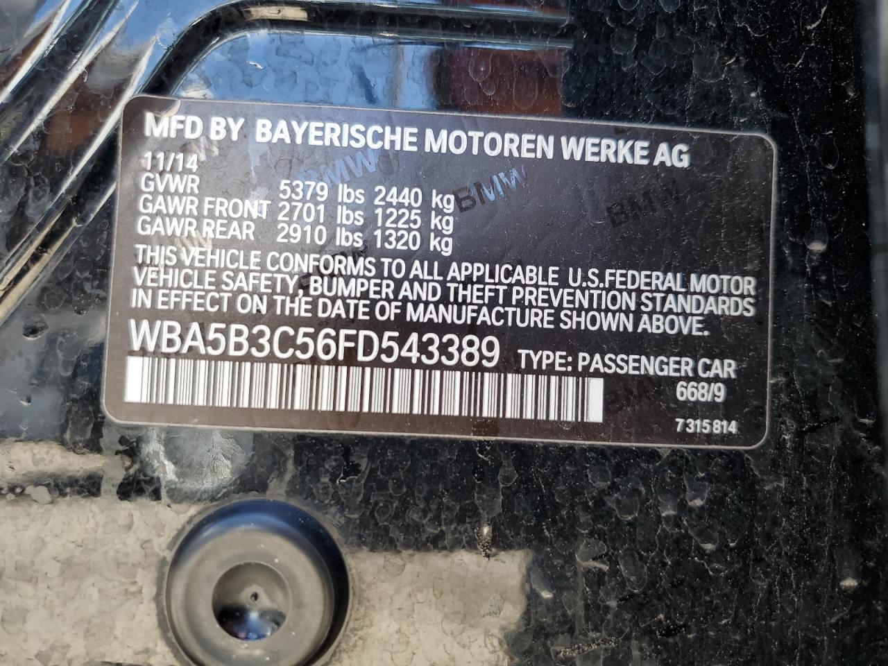 2015 BMW 535 Xi VIN: WBA5B3C56FD543389 Lot: 56471965