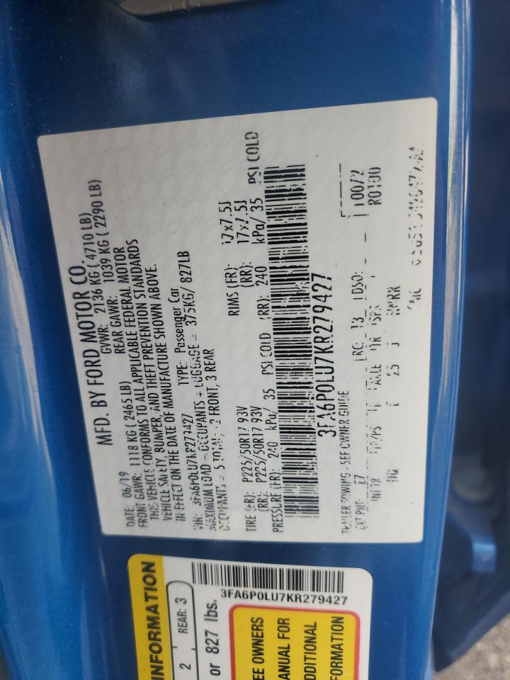 2019 Ford Fusion Se VIN: 3FA6P0LU7KR279427 Lot: 58241865