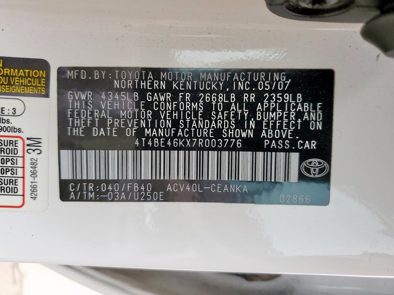2007 Toyota Camry Ce VIN: 4T4BE46KX7R003776 Lot: 54584805