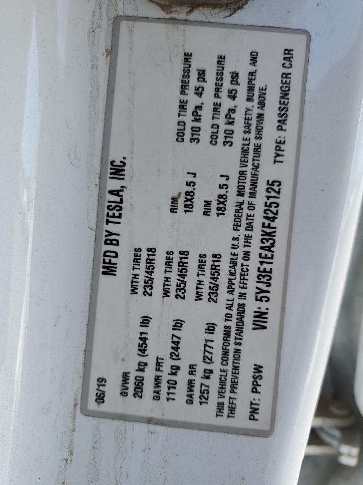 2019 Tesla Model 3 VIN: 5YJ3E1EA3KF425125 Lot: 56072995