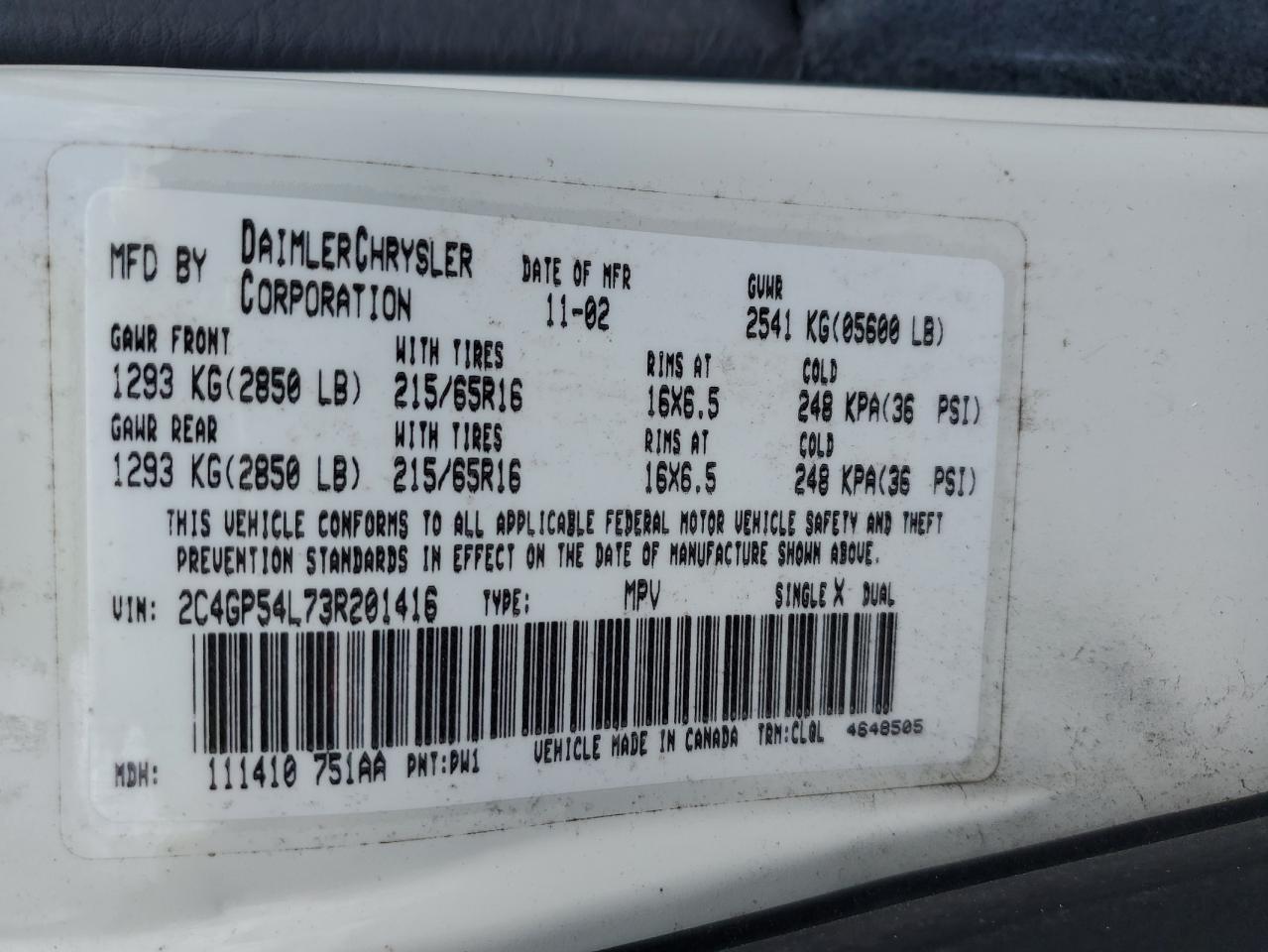 2003 Chrysler Town & Country Lxi VIN: 2C4GP54L73R201416 Lot: 55920865