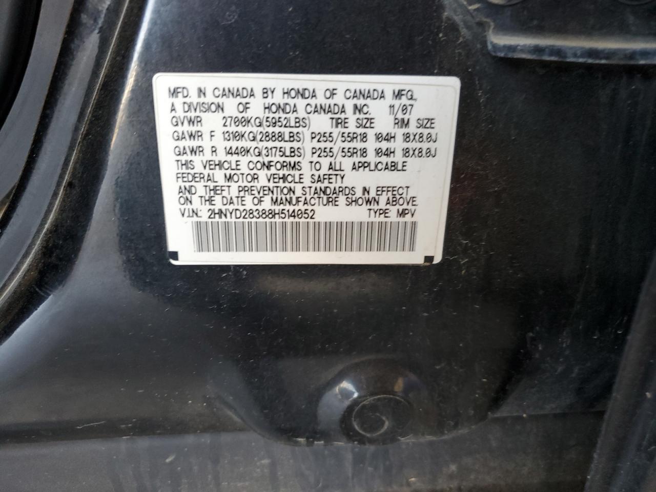 2008 Acura Mdx Technology VIN: 2HNYD28388H514052 Lot: 56834025