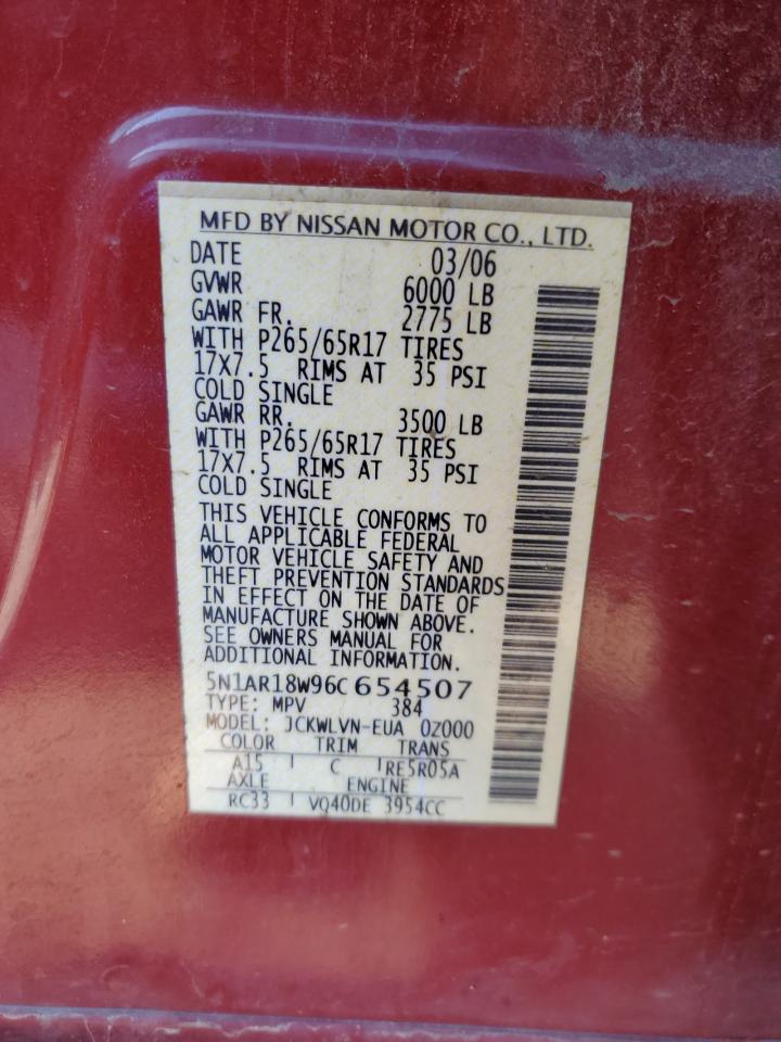 2006 Nissan Pathfinder Le VIN: 5N1AR18W96C654507 Lot: 56379285