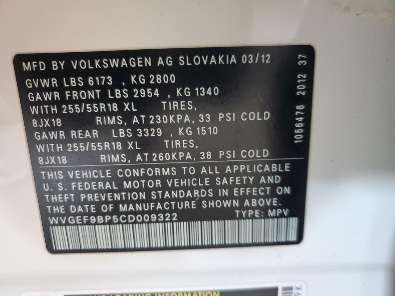 2012 Volkswagen Touareg V6 VIN: WVGEF9BP5CD009322 Lot: 56749255
