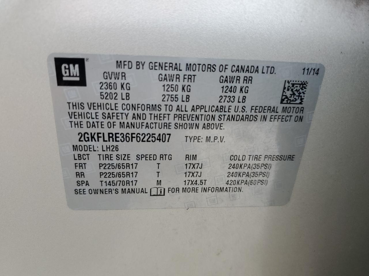 2015 GMC Terrain Sle VIN: 2GKFLRE36F6225407 Lot: 56825945