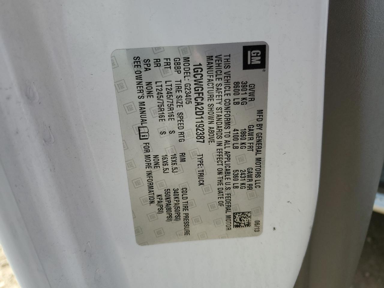 2013 Chevrolet Express G2500 VIN: 1GCWGFCA2D1192387 Lot: 56376955