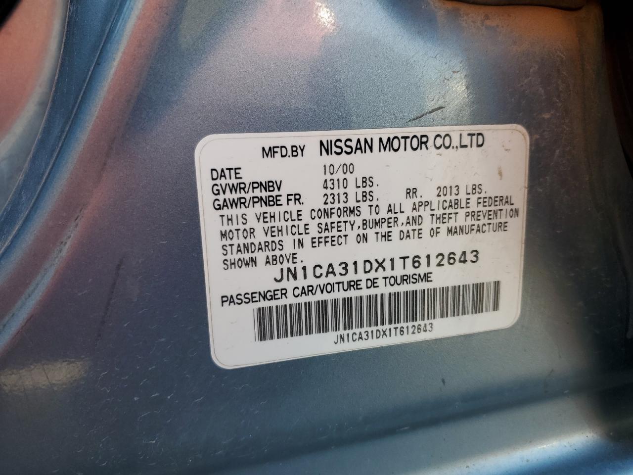 2001 Nissan Maxima Gxe VIN: JN1CA31DX1T612643 Lot: 57112725