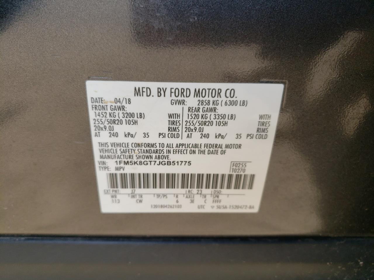 2018 Ford Explorer Sport VIN: 1FM5K8GT7JGB51775 Lot: 57096435