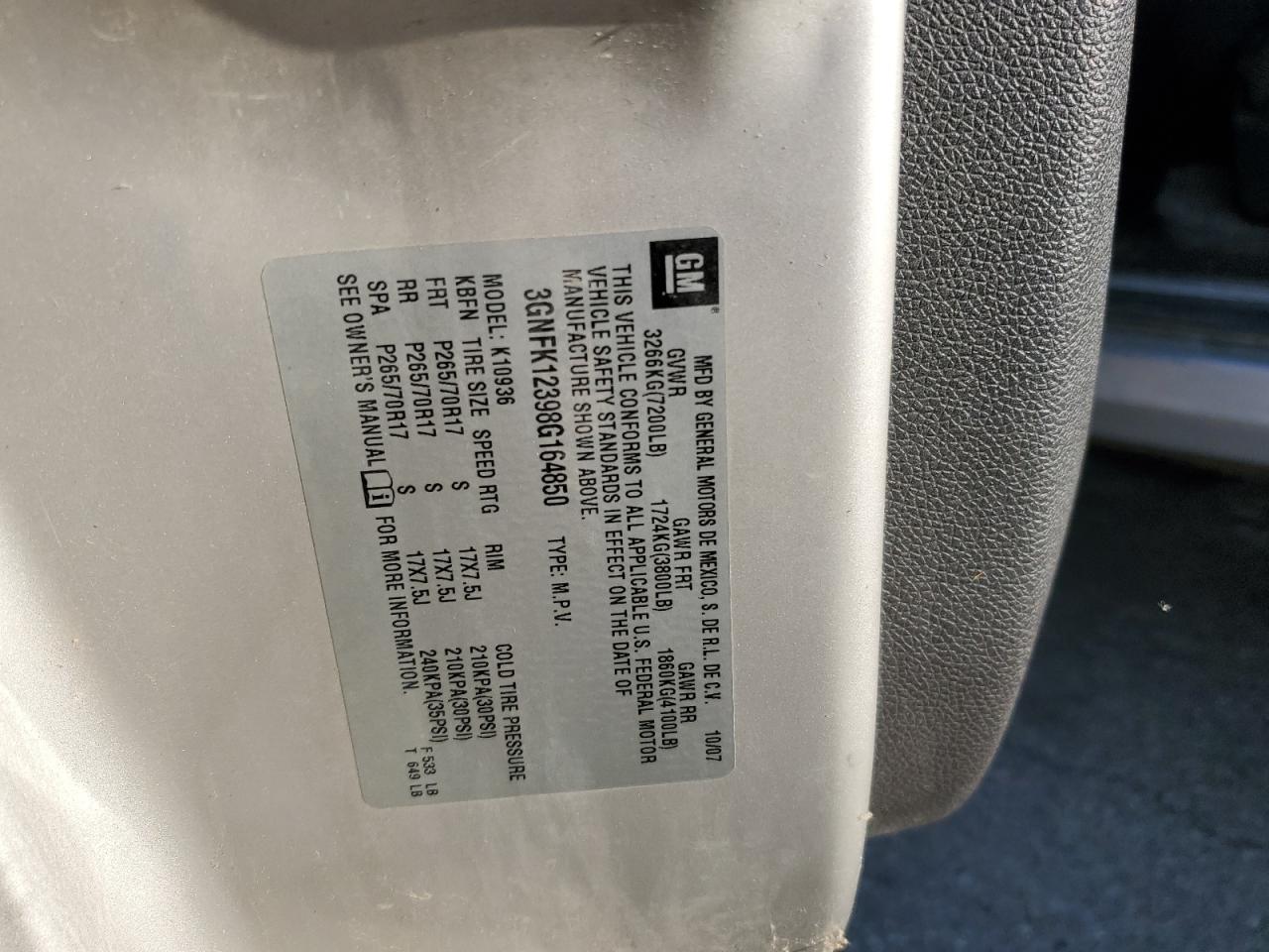 2008 Chevrolet Avalanche K1500 VIN: 3GNFK12398G164850 Lot: 57340375