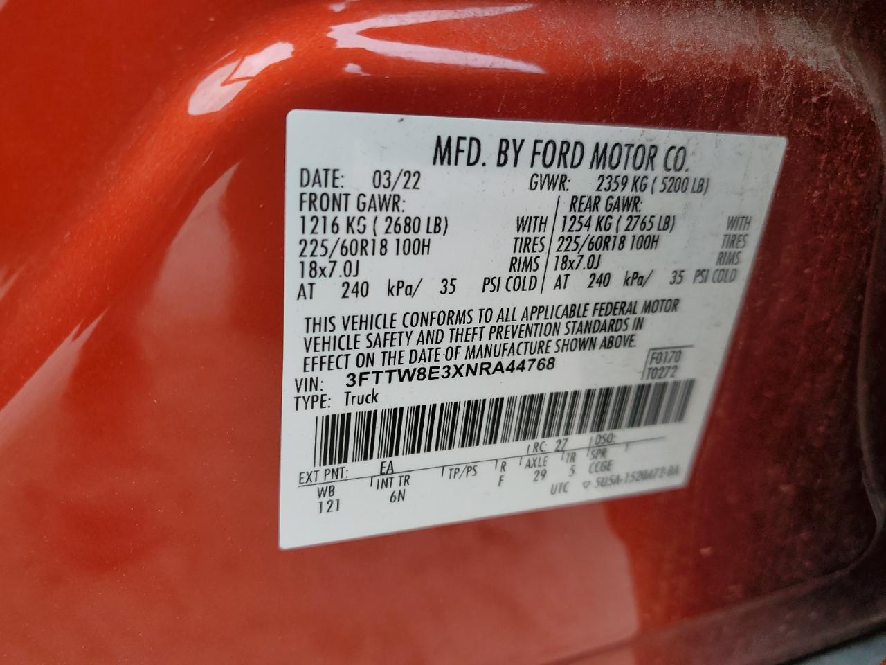 2022 Ford Maverick Xl VIN: 3FTTW8E3XNRA44768 Lot: 55609665