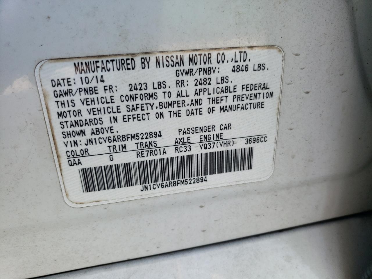 2015 Infiniti Q40 VIN: JN1CV6AR8FM522894 Lot: 56124285