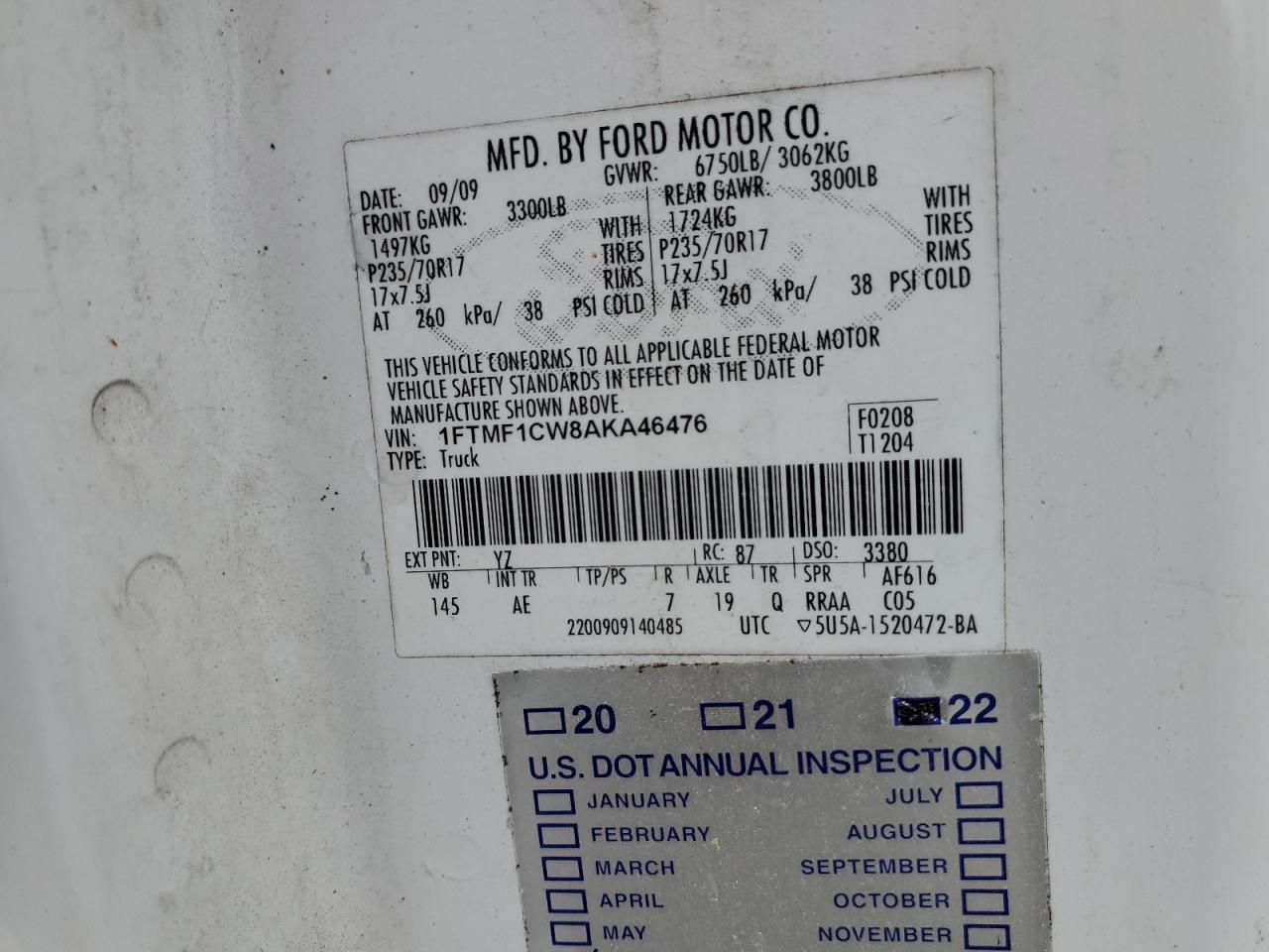 2010 Ford F150 VIN: 1FTMF1CW8AKA46476 Lot: 56376785