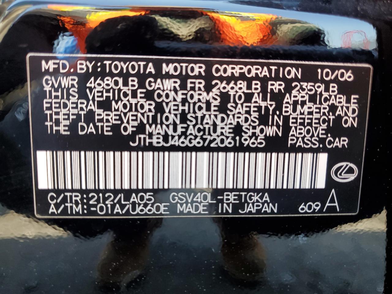 2007 Lexus Es 350 VIN: JTHBJ46G672061965 Lot: 56828625