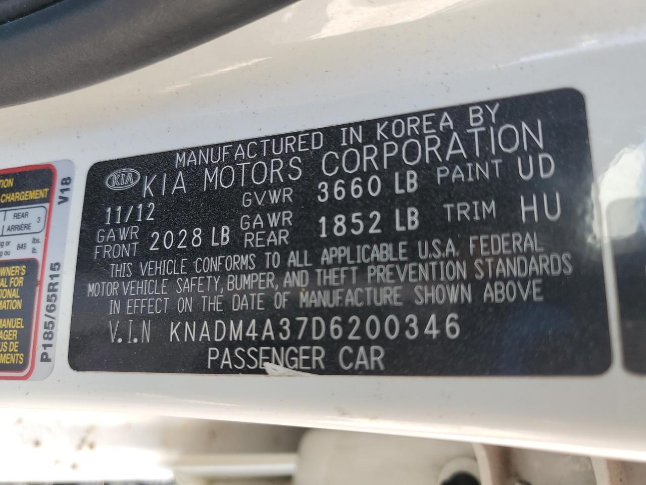 2013 Kia Rio Lx VIN: KNADM4A37D6200346 Lot: 53170655