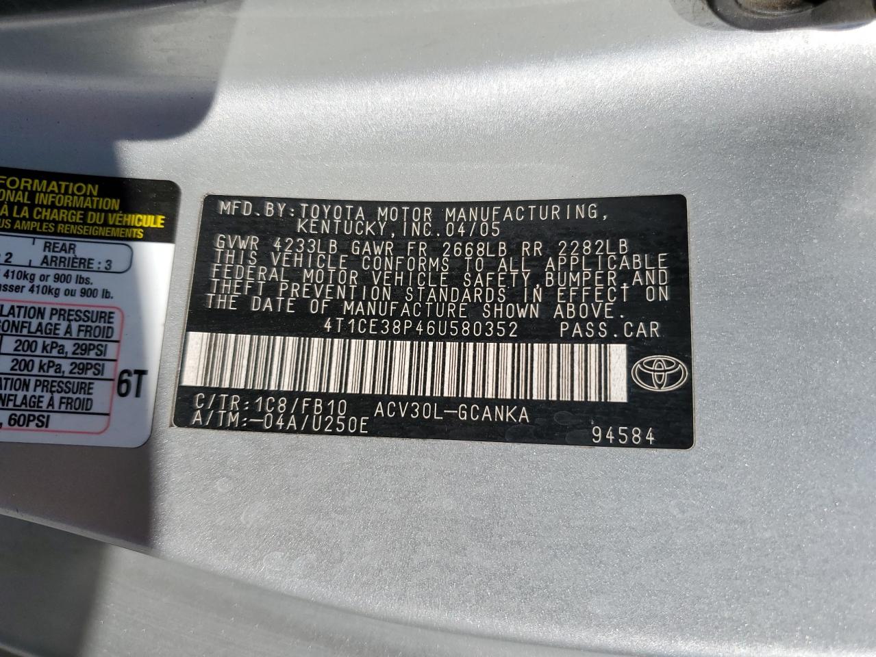 2006 Toyota Camry Solara Se VIN: 4T1CE38P46U580352 Lot: 57782475