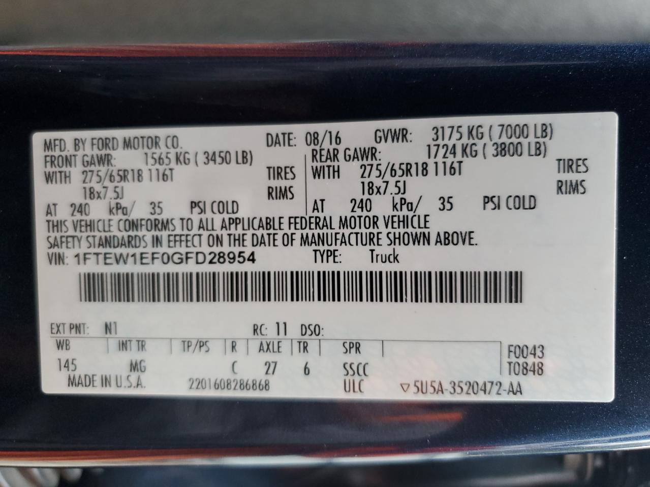 1FTEW1EF0GFD28954 FORD F-150 2016