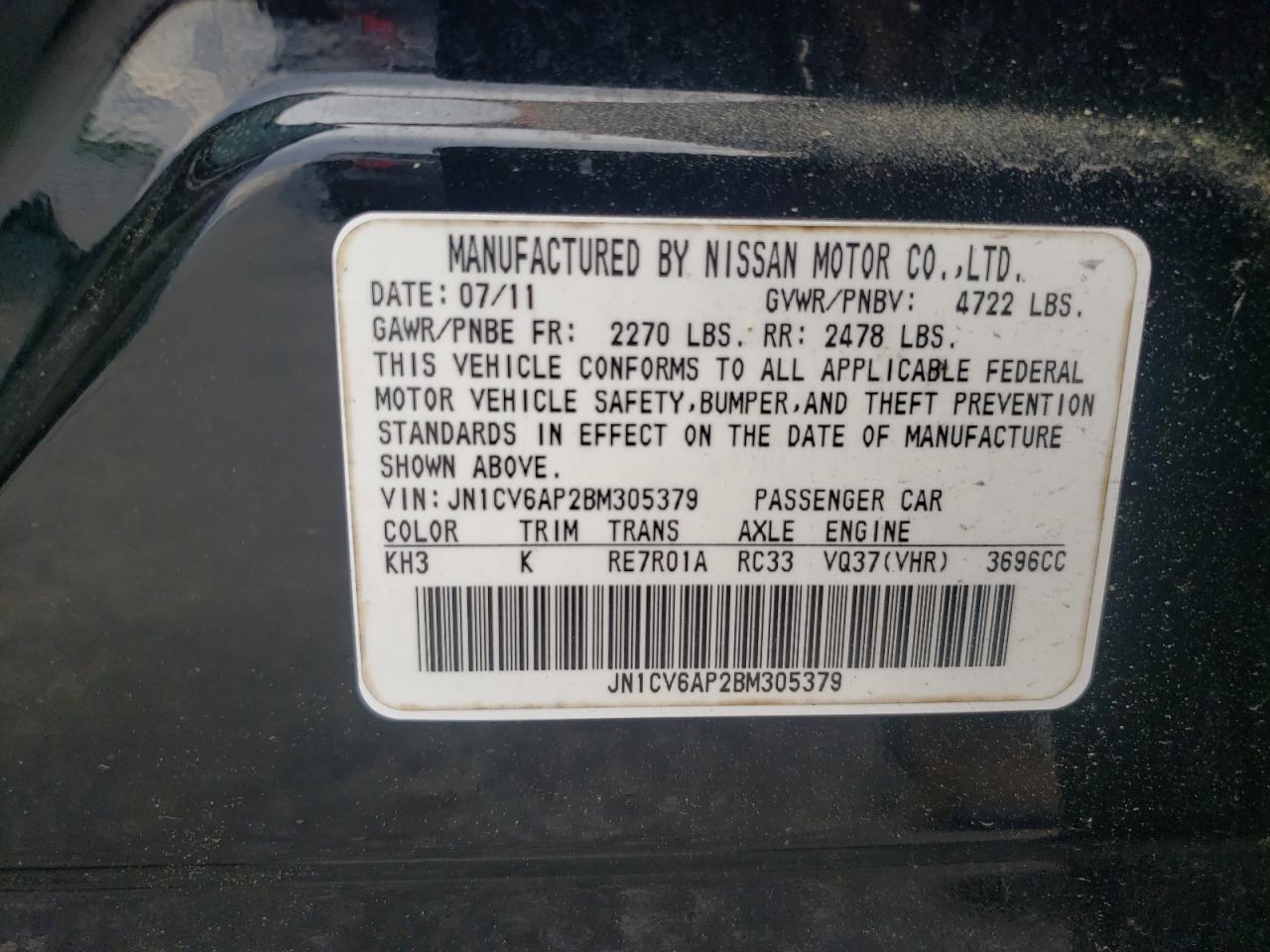 2011 Infiniti G37 Base VIN: JN1CV6AP2BM305379 Lot: 56657515