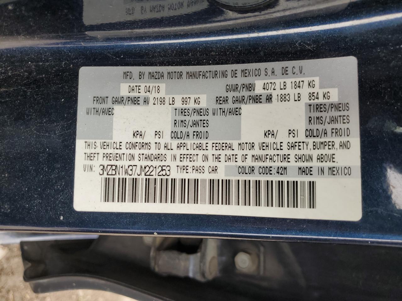 2018 Mazda 3 Grand Touring VIN: 3MZBN1W37JM221253 Lot: 58780685