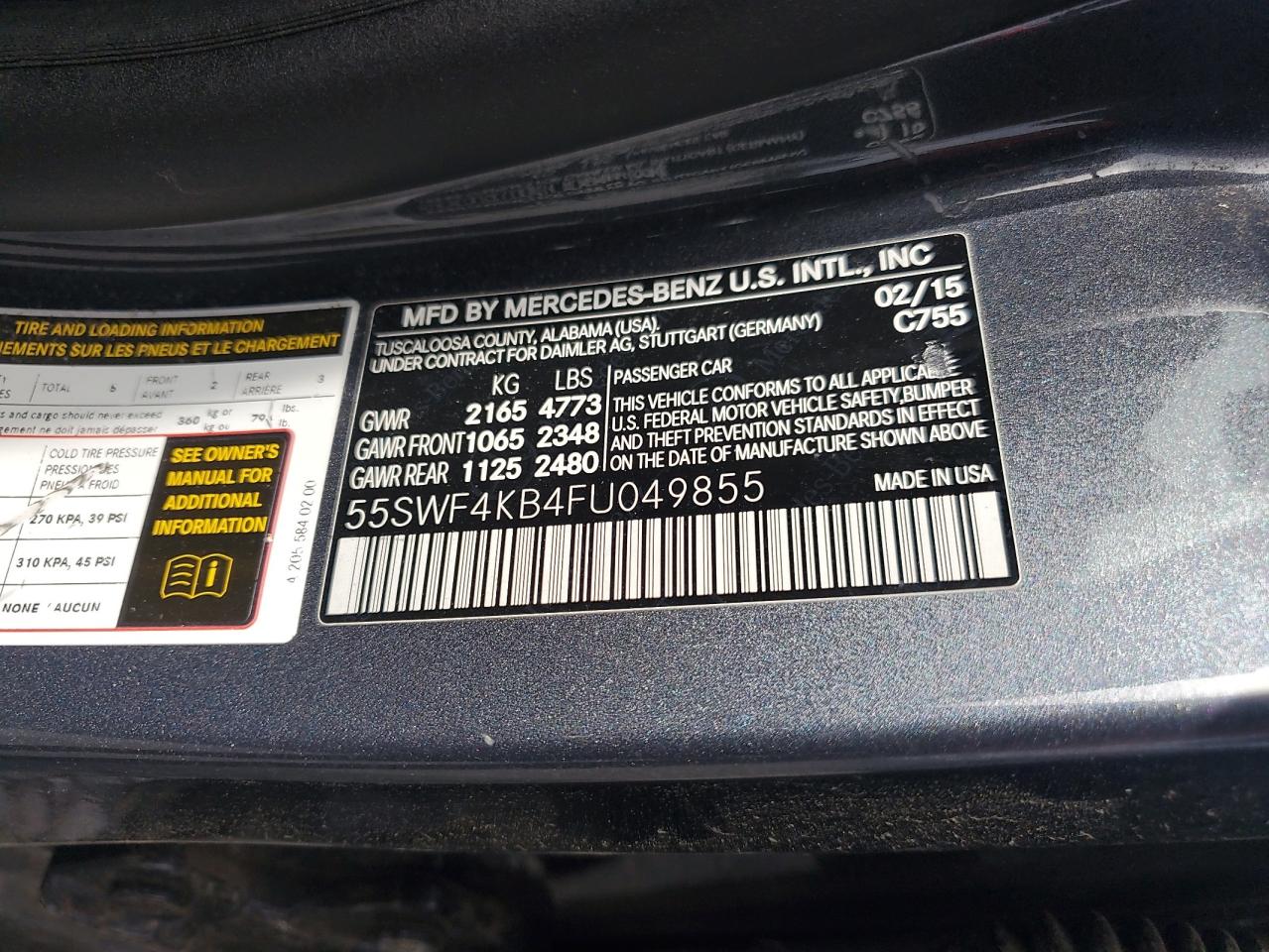 2015 Mercedes-Benz C 300 4Matic VIN: 55SWF4KB4FU049855 Lot: 56990615