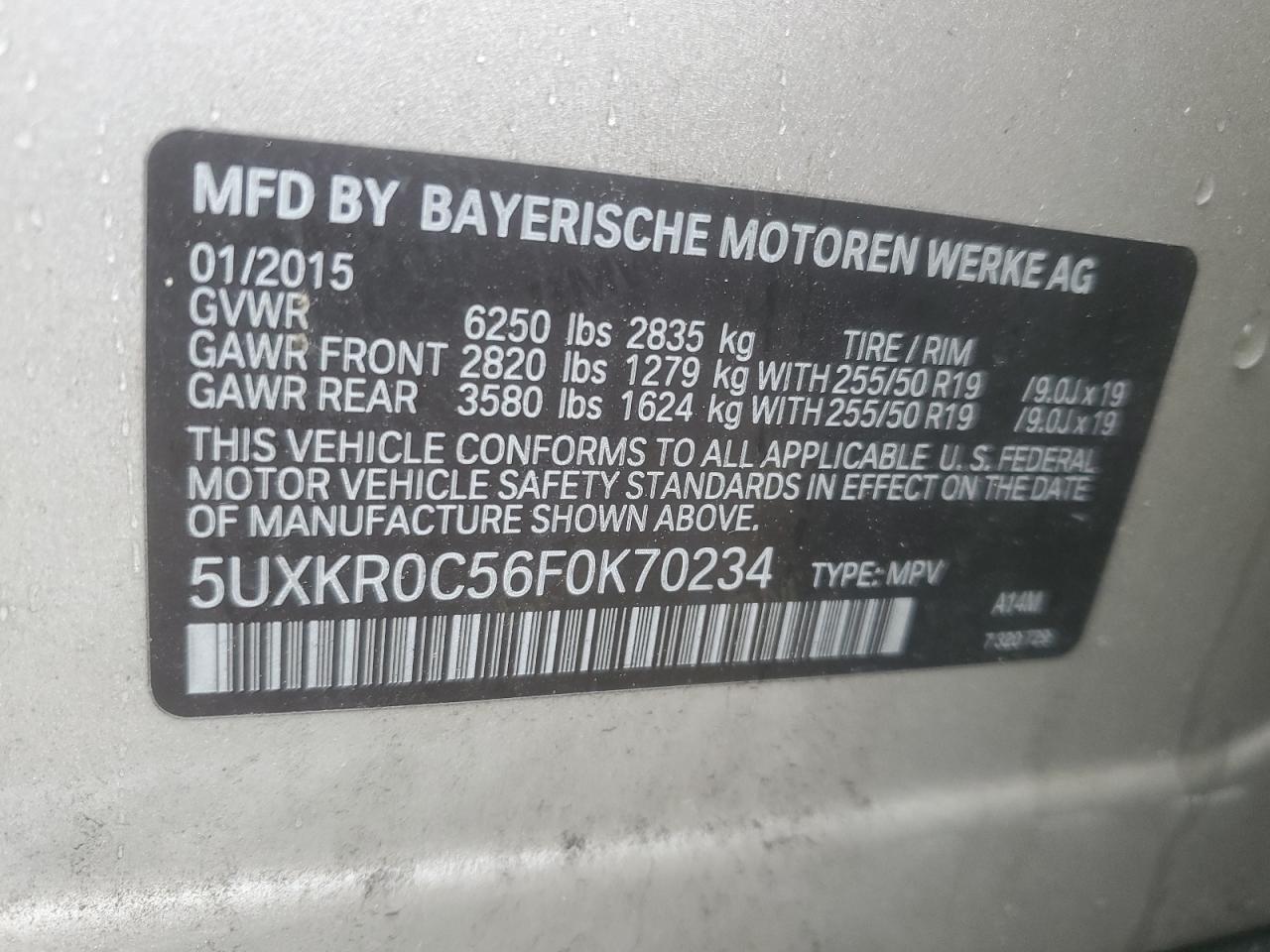 2015 BMW X5 xDrive35I VIN: 5UXKR0C56F0K70234 Lot: 53139095