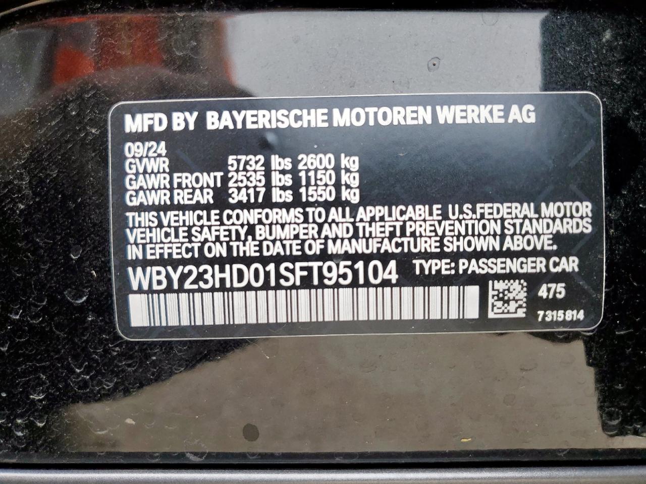2025 BMW I4 Edrive 40 VIN: WBY23HD01SFT95104 Lot: 54844595