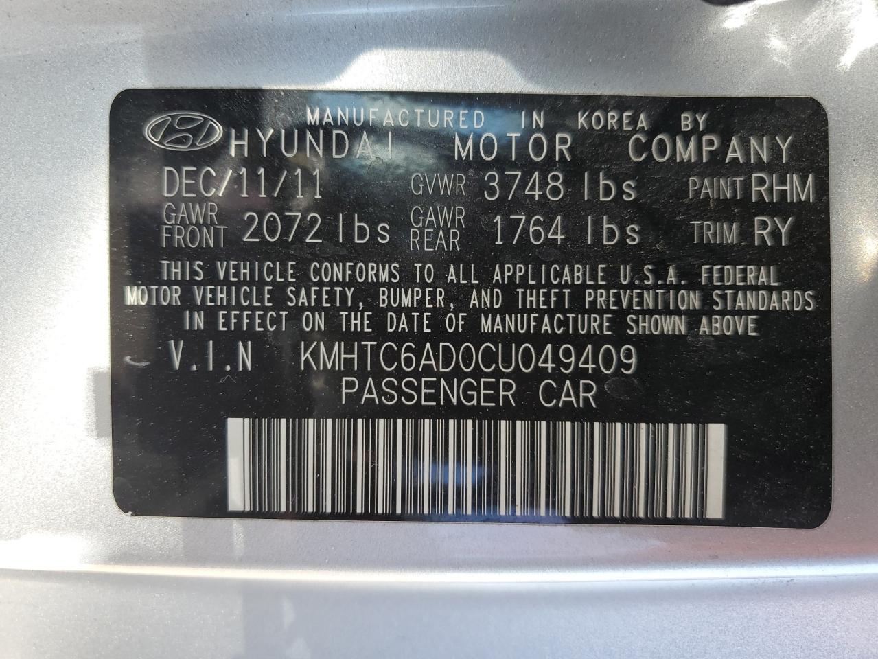 kmhtc6ad0cu049409 KMHTC6AD0CU049409 2012 Hyundai Veloster