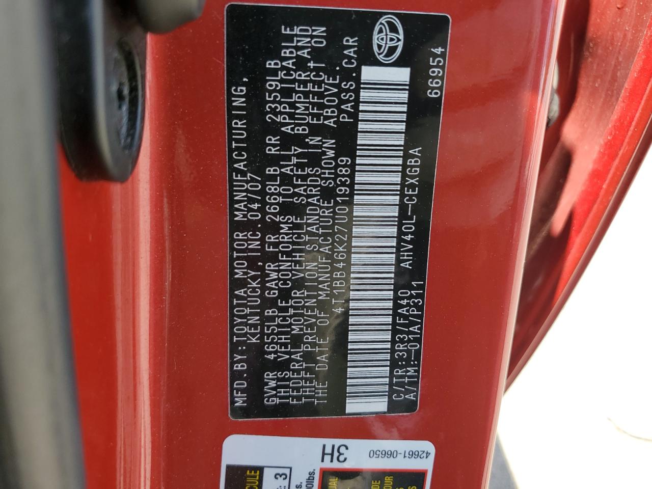 2007 Toyota Camry Hybrid VIN: 4T1BB46K27U019389 Lot: 57333095