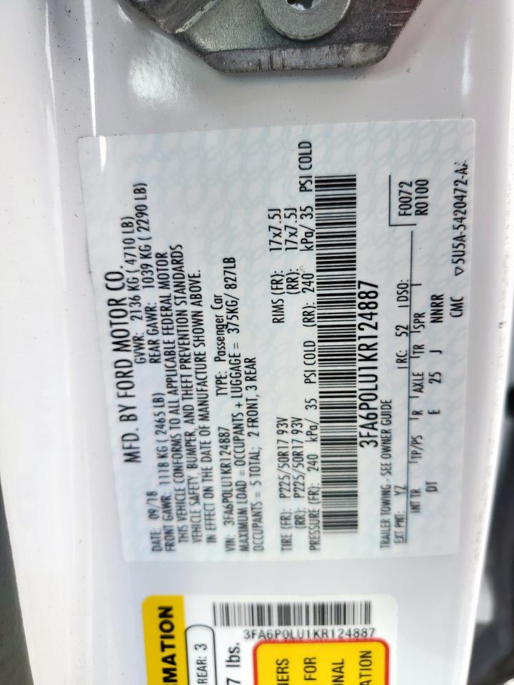 2019 Ford Fusion Se VIN: 3FA6P0LU1KR124887 Lot: 54038115