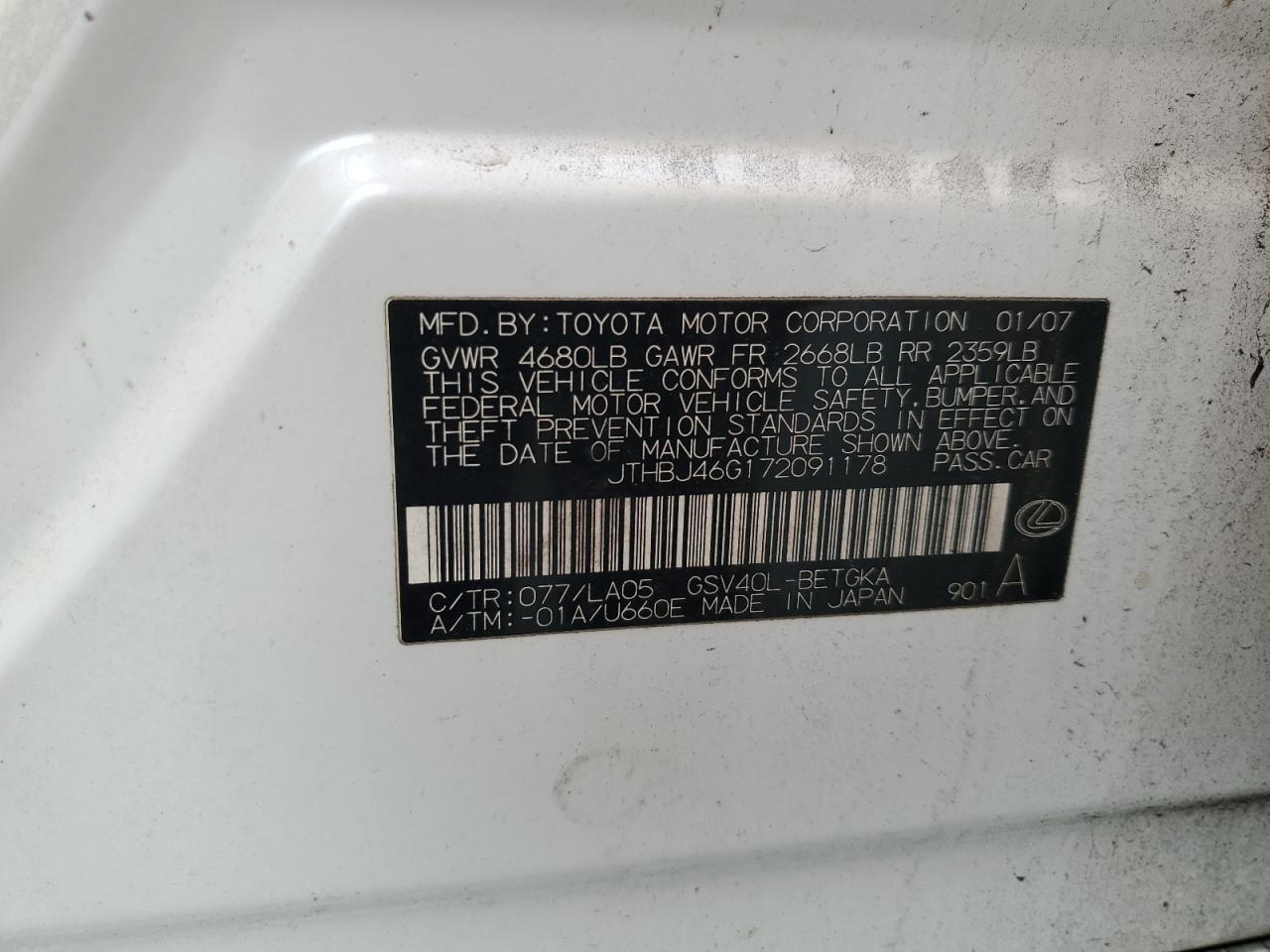 2007 Lexus Es 350 VIN: JTHBJ46G172091178 Lot: 55535565