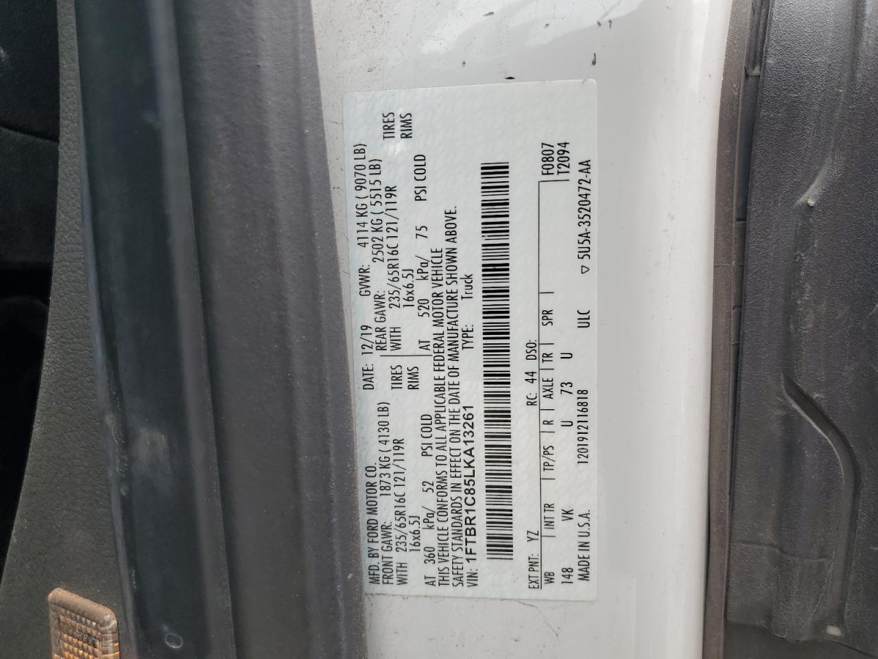 2020 Ford Transit T-250 VIN: 1FTBR1C85LKA13261 Lot: 56689225