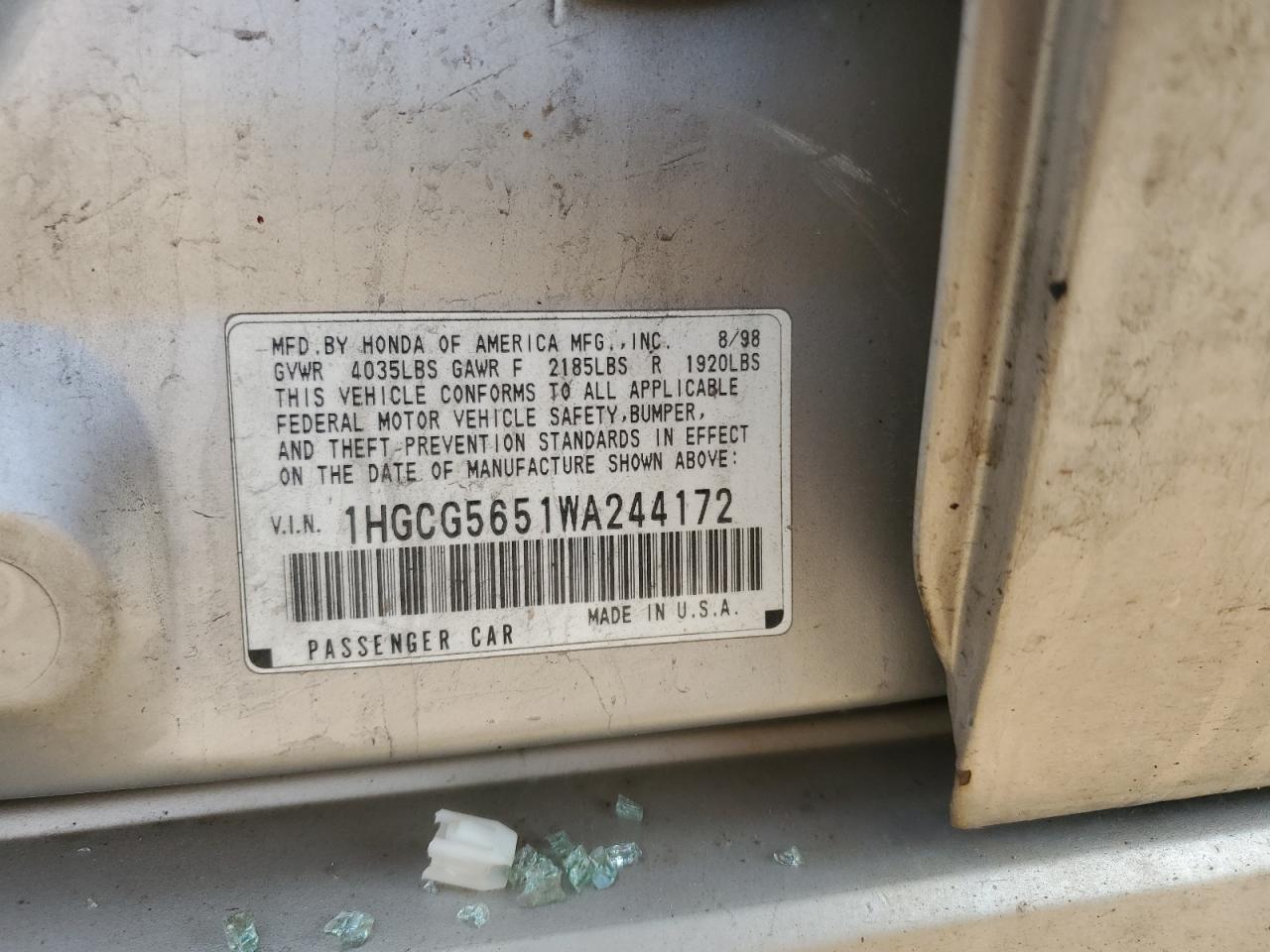 1998 Honda Accord Ex VIN: 1HGCG5651WA244172 Lot: 58944835