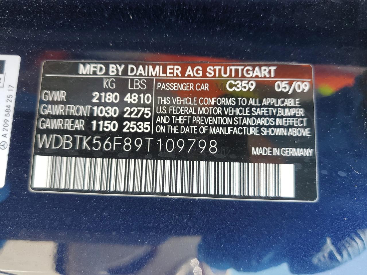 2009 Mercedes-Benz Clk 350 VIN: WDBTK56F89T109798 Lot: 58446395