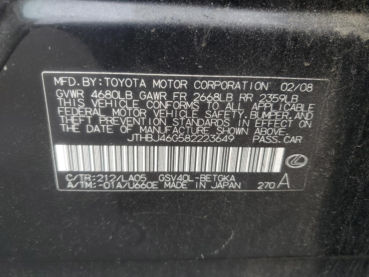 2008 Lexus Es 350 VIN: JTHBJ46G582223649 Lot: 58495645