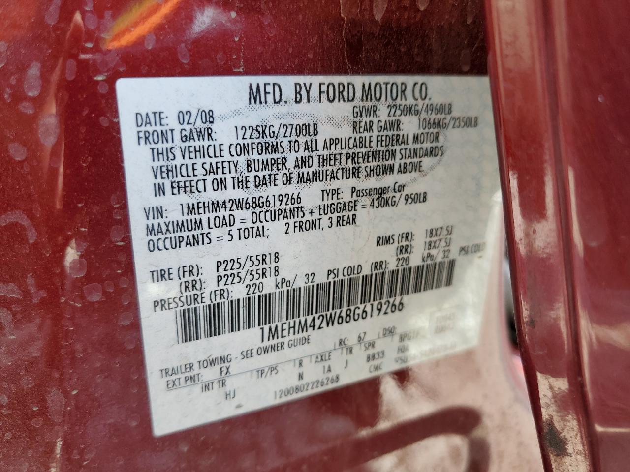 2008 Mercury Sable Premier VIN: 1MEHM42W68G619266 Lot: 56981085