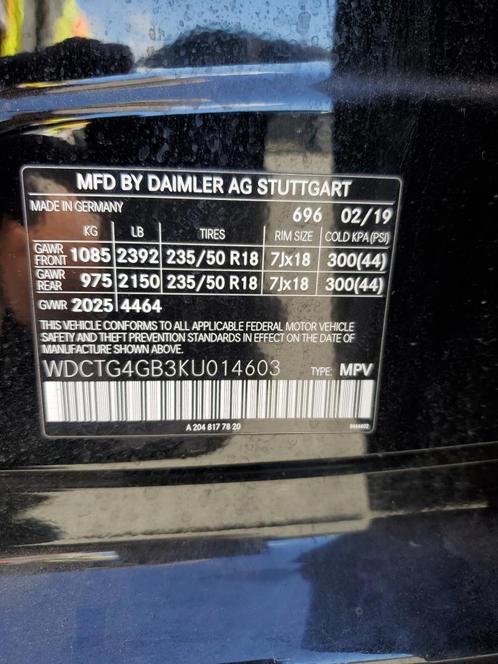 2019 Mercedes-Benz Gla 250 4Matic VIN: WDCTG4GB3KU014603 Lot: 56873985