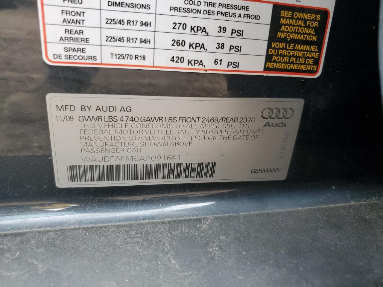 2010 Audi A3 Premium VIN: WAUDFAFM6AA091641 Lot: 57064725