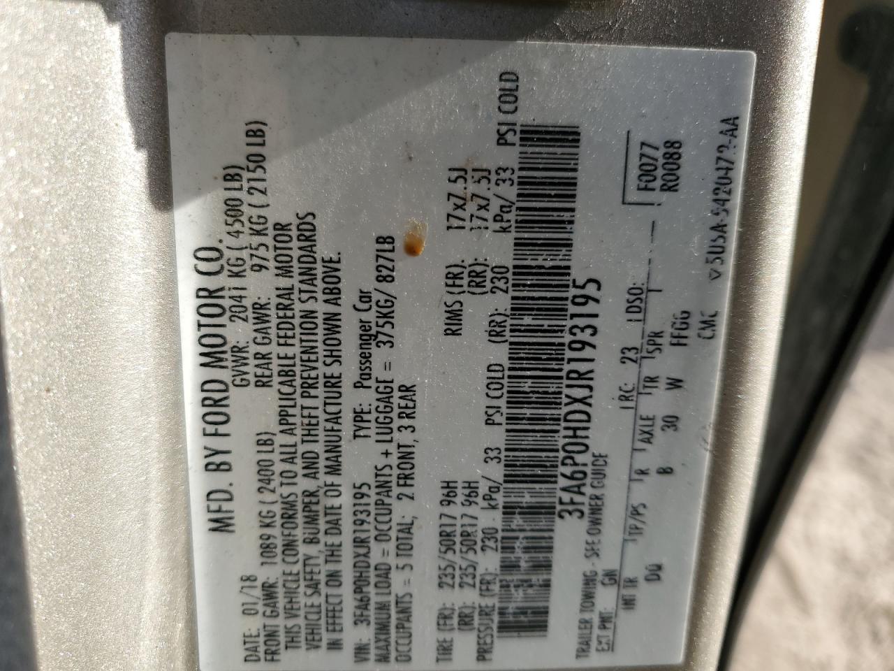 2018 Ford Fusion Se VIN: 3FA6P0HDXJR193195 Lot: 56051155