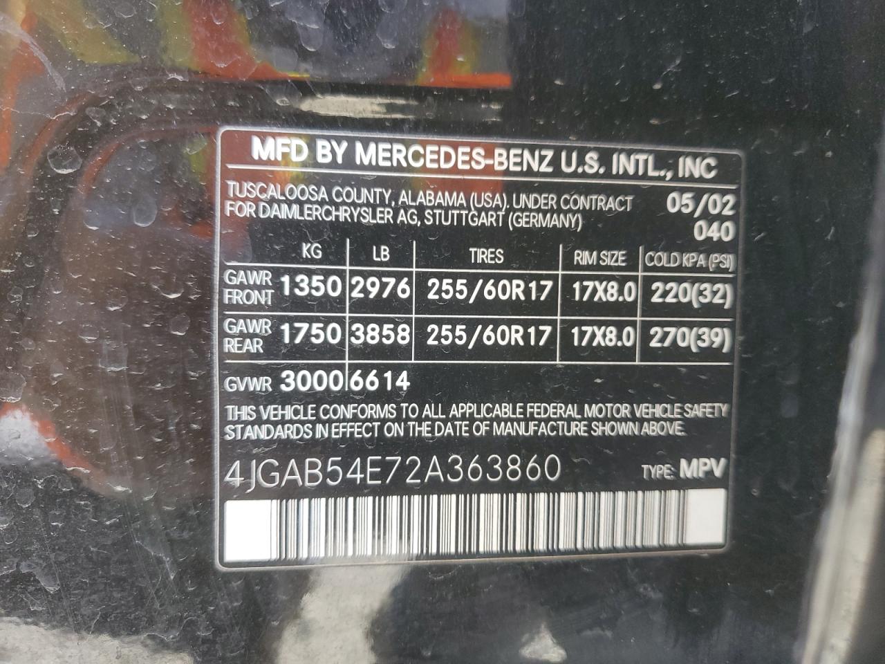 2002 Mercedes-Benz Ml 320 VIN: 4JGAB54E72A363860 Lot: 58033055