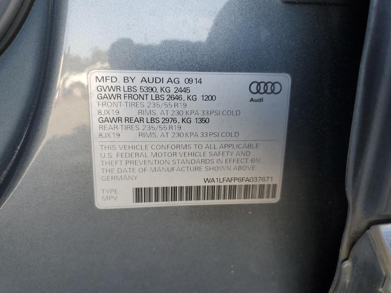 2015 Audi Q5 Premium Plus VIN: WA1LFAFP6FA037671 Lot: 57116875