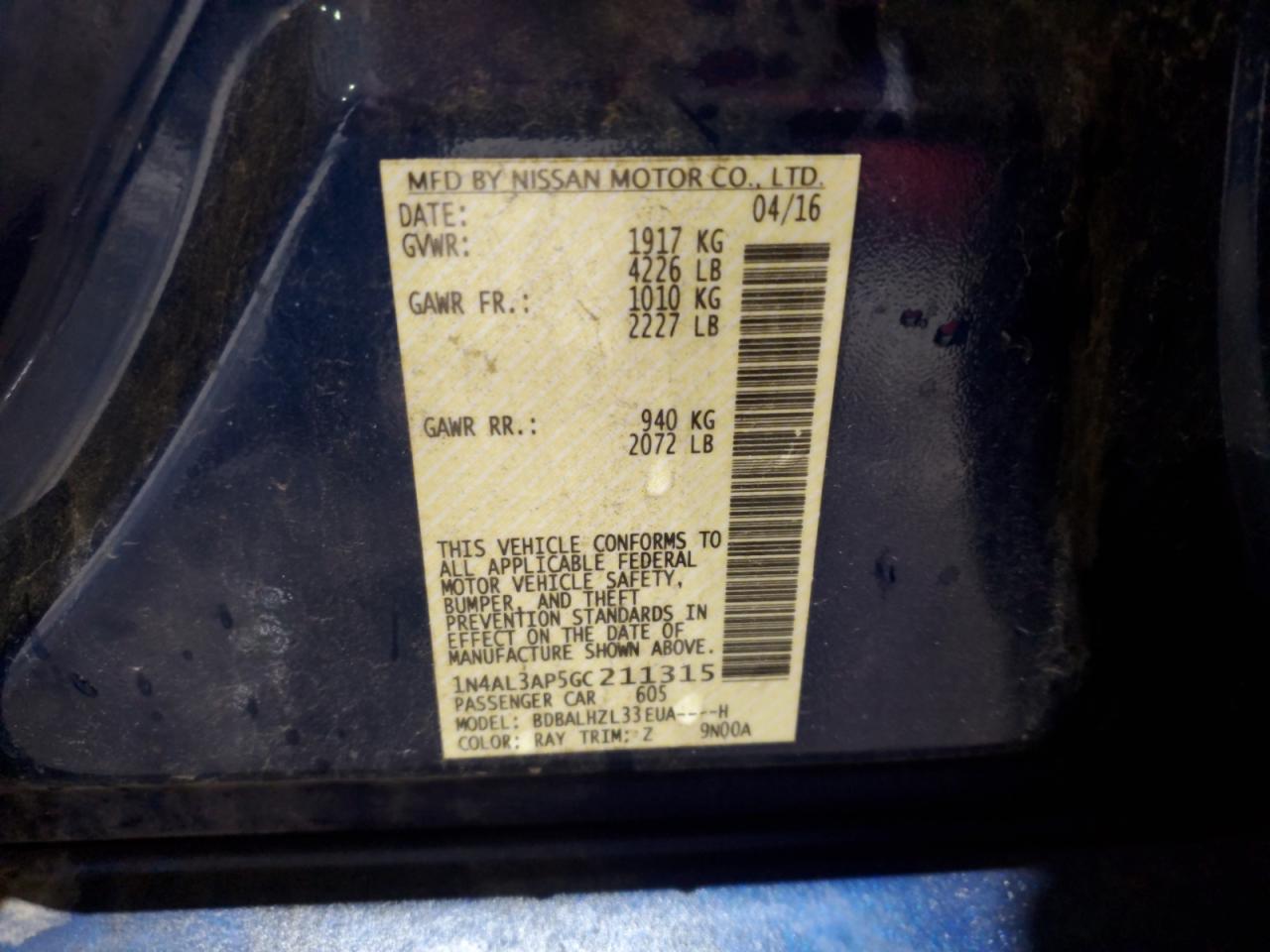 1N4AL3AP5GC211315 NISSAN ALTIMA 2016