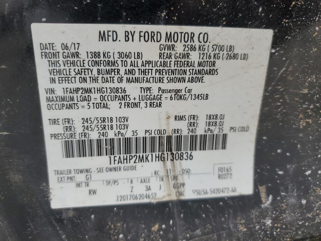 1FAHP2MK1HG130836 FORD TAURUS 2017