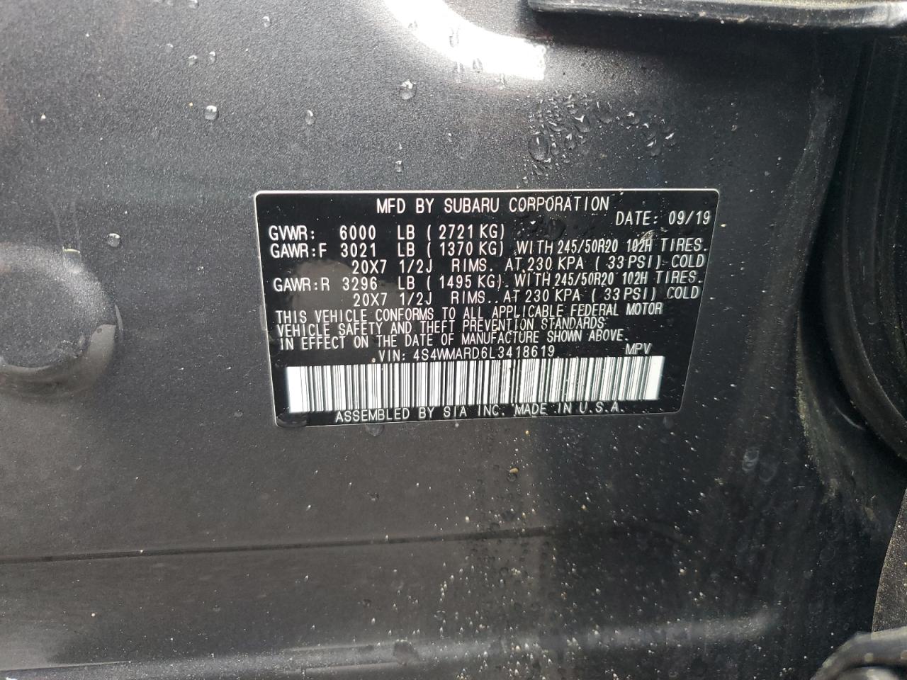 2020 Subaru Ascent Touring VIN: 4S4WMARD6L3418619 Lot: 56298435