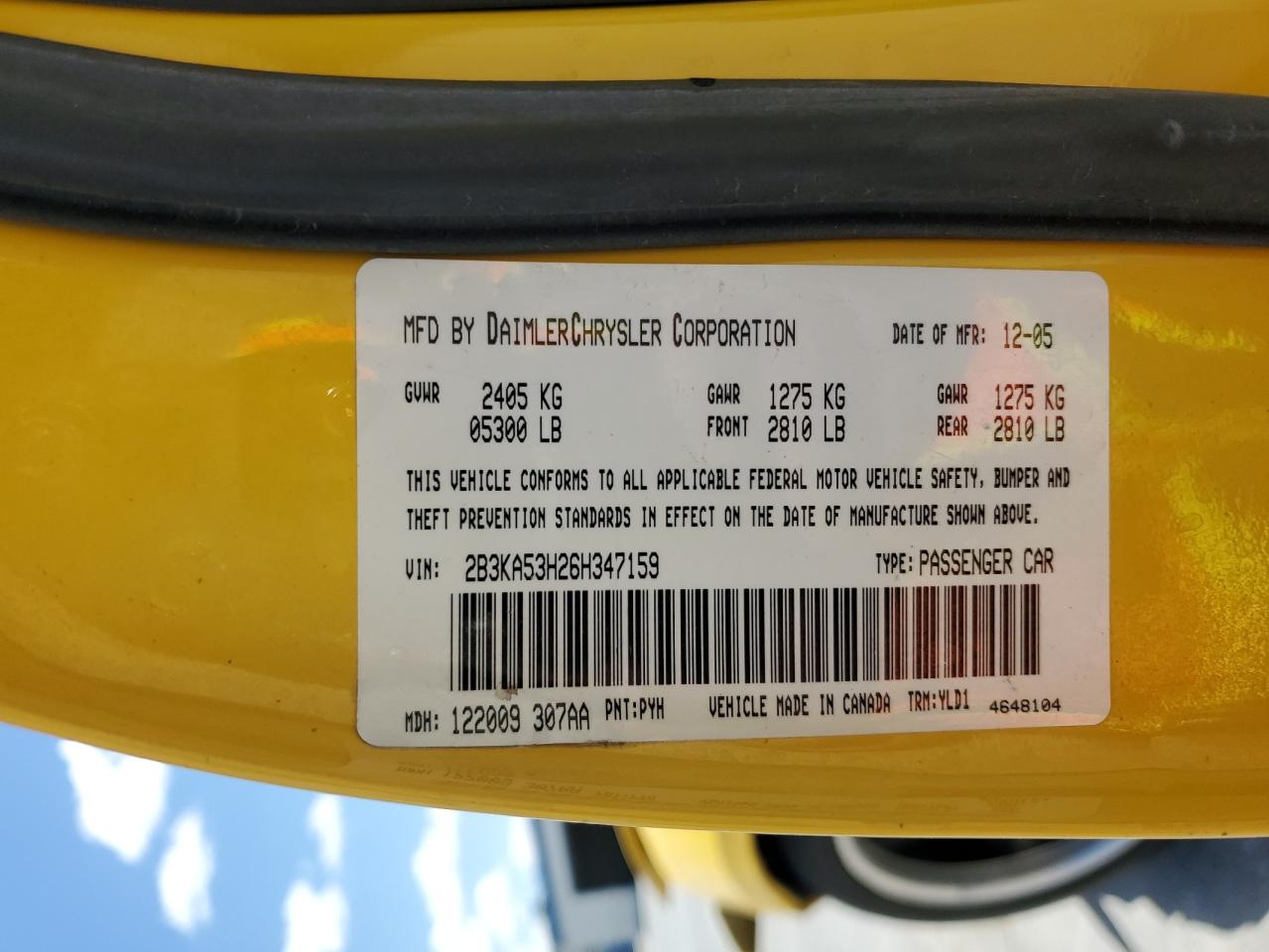 2006 Dodge Charger R/T VIN: 2B3KA53H26H347159 Lot: 56575605