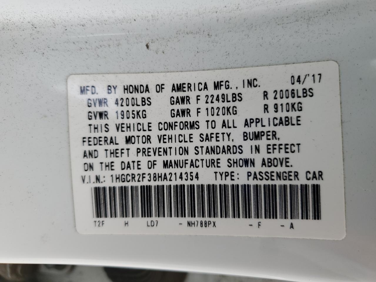 1HGCR2F38HA214354 HONDA ACCORD 2017