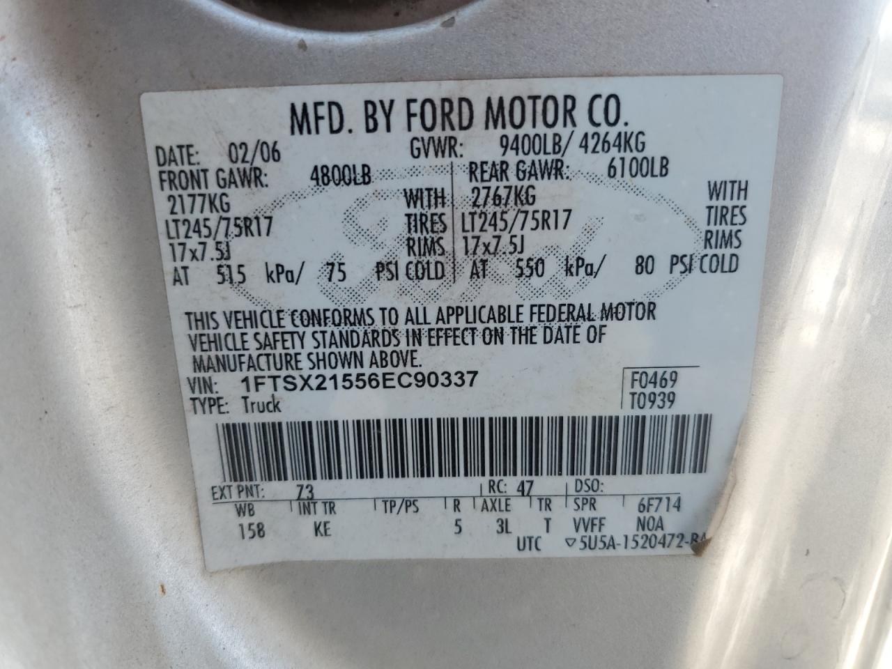 2006 Ford F250 Super Duty VIN: 1FTSX21556EC90337 Lot: 56307825