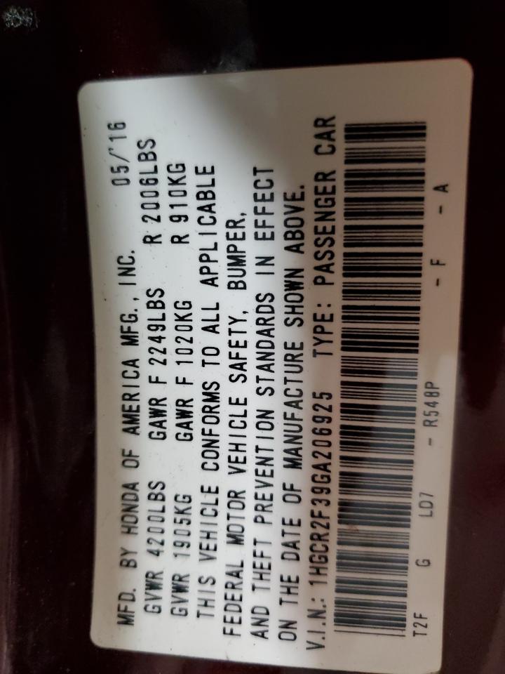 1HGCR2F39GA206925 HONDA ACCORD 2016