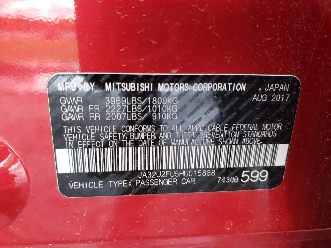 2017 Mitsubishi Lancer Es VIN: JA32U2FU5HU015888 Lot: 55946735