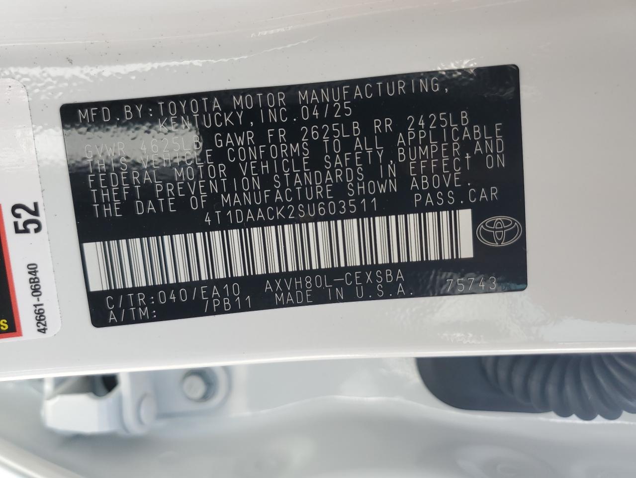 2025 Toyota Camry Xse VIN: 4T1DAACK2SU603511 Lot: 57831585