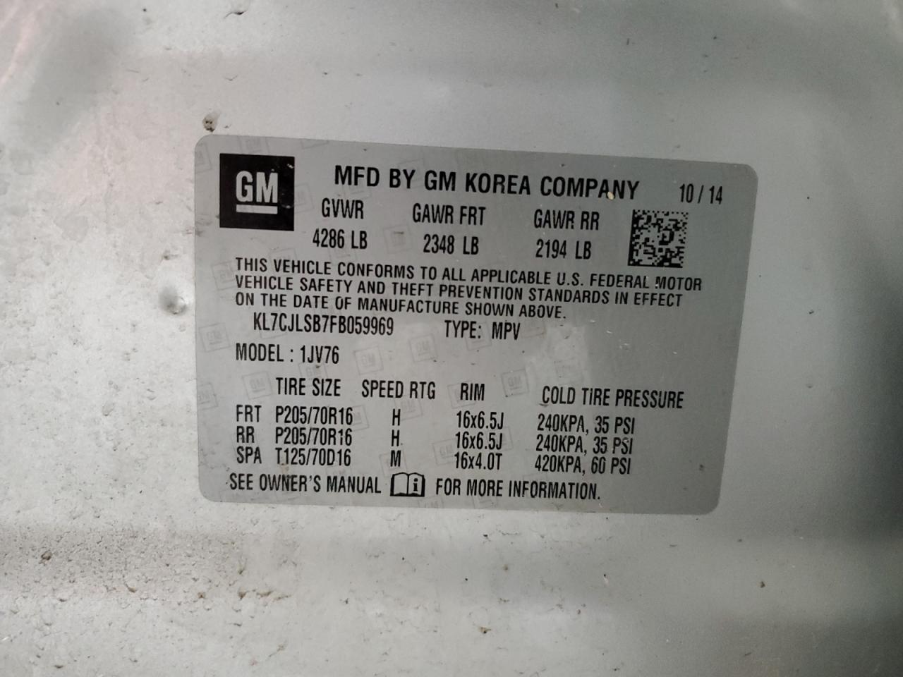 2015 Chevrolet Trax 1Lt VIN: KL7CJLSB7FB059969 Lot: 51629785