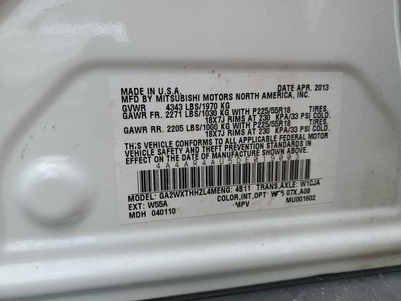 2013 Mitsubishi Outlander Sport Se VIN: 4A4AR4AU5DE019003 Lot: 58033765